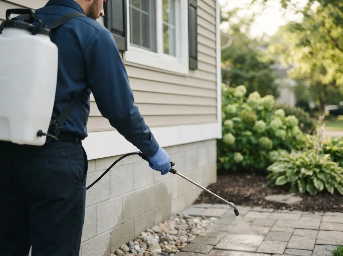 Pest control technician inspecting a home in Oneida, KS